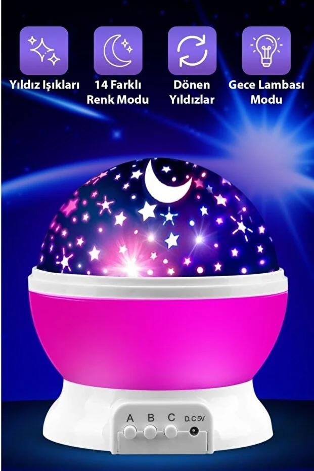 Ay ve Yıldızlı Gökyüzü Yansıtmalı Dönen Projeksiyon Gece Lambası- Çocuk Bebek Odası Pembe